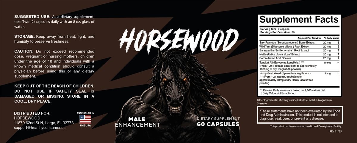 The complete Horsewood Supplement Facts panel showing all seven ingredients with individual amounts