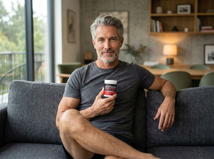 AI-generated image of a man on a sofa holding a jar labelled Jelyforce, with the brand name misspelled