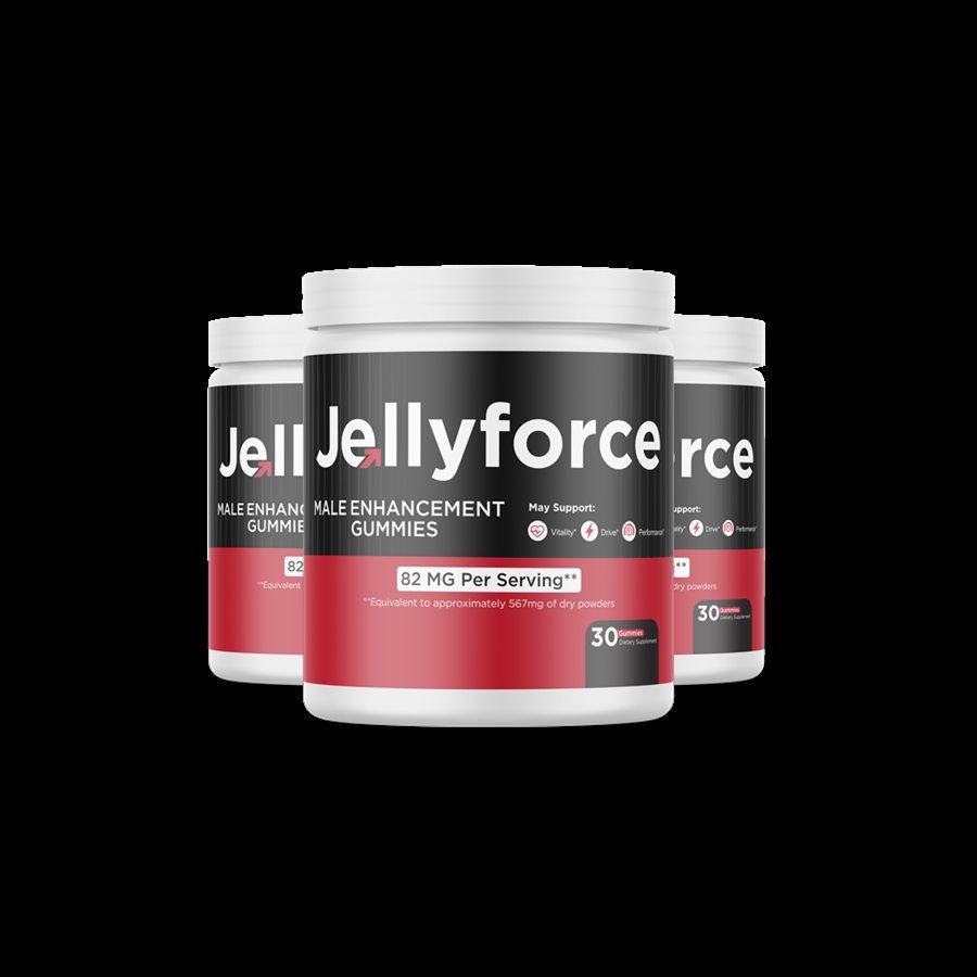 Three JellyForce bottles showing the front label with 82 MG Per Serving printed on a red band